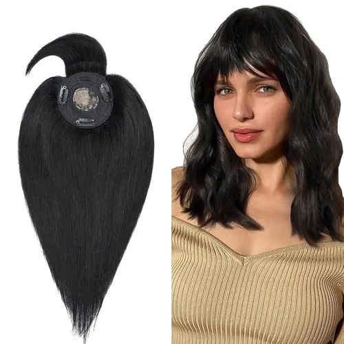 Vista 9 de MY-LADY Top Hairpieces para mujer con flequillo, base mono natural, 100% cabello humano real, clip en pieza de cabello lacio en medio para pérdida