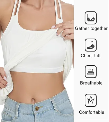 Vista 2 de Camiseta sin mangas plisada para mujer con copa de brasier incorporada, casual, fluida, con correa ajustable (S-4XL)