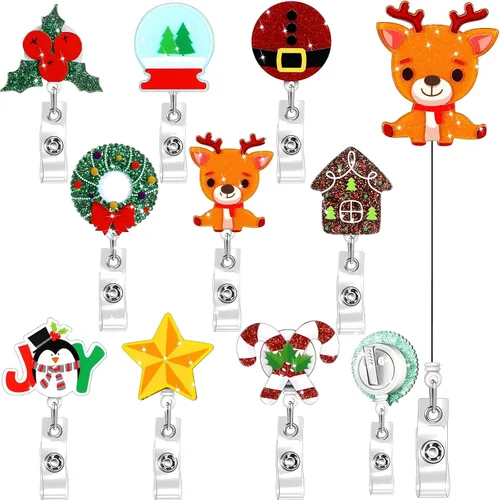 Vista 15 de Yexiya 9 piezas de portacarretes de insignias navideñas de acrílico retráctil con brillos y purpurina, carretes de insignias para días festivos