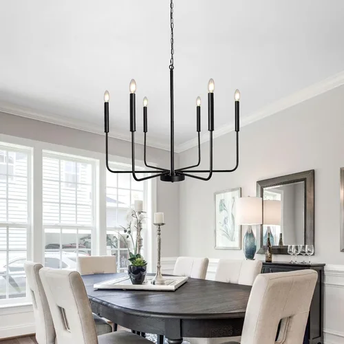 Vista 2 de Lámpara de araña estilo granja, accesorios de iluminación para techo colgante, 6 luces, vela moderna, negro mate, accesorio de luz de techo, 26