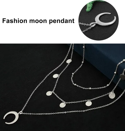 Vista 4 de Wowanoo Collar de gargantilla con cadena en capas con diamantes de imitación de luna para niñas y mujeres