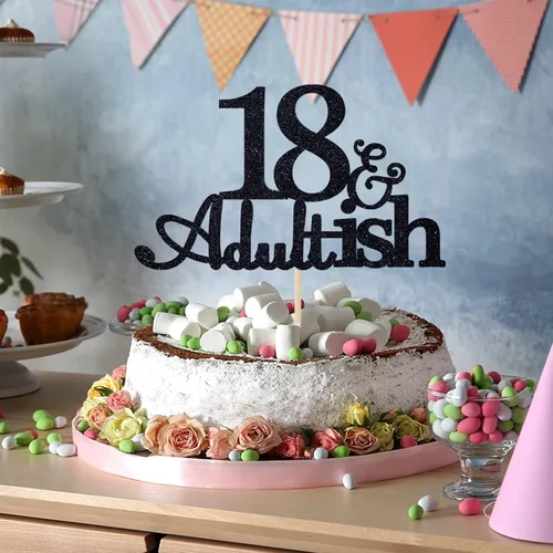 Vista 3 de Decoración para pastel de 18 años con purpurina negra y Adultish para fiesta de cumpleaños de dieciocho años, decoraciones de pastel de tiempo