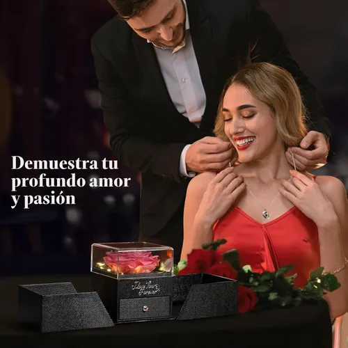 Vista 4 de Emibele - Regalos de rosa preservada para mujer, caja de rosa eterna con collar de corazón, regalos románticos con mensaje "te amo" para mujeres