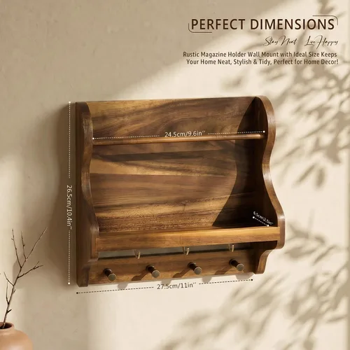 Vista 2 de Organizador de correo de madera de acacia con 7 ganchos para llaves