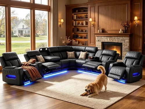 Vista 27 de Juego de sofá seccional reclinable de cuero, sofá seccional con 4 sillones reclinables