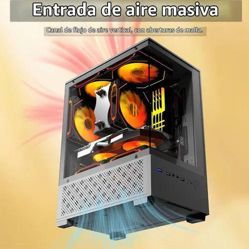 Vista 3 de Carcasa Micro ATX, carcasa MATX, ITX para PC con ventilador ARGB de 2 x 120 mm preinstalado, panel frontal y lateral de vidrio templado panorámico