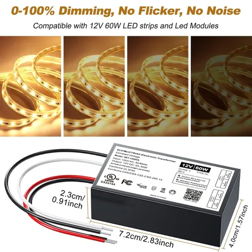 Vista 2 de Controlador LED regulable de 12 V, transformador LED Triac ELV/MLV de 60 W compatible con interruptores Lutron y Leviton, fuente de alimentación