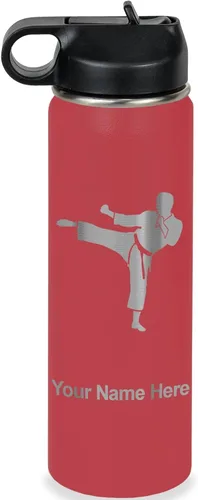 Vista 10 de Botella de agua personalizada LaserGram, Karate Man, de acero inoxidable con aislamiento al vacío de doble pared con tapa abatible, regalo grabado