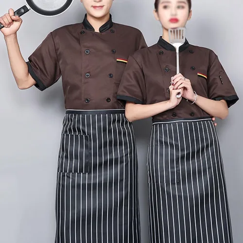 Vista 2 de Abrigo de chef de verano para hombre y mujer, chaqueta de chef de manga cortalarga con botón de bolsillo, uniforme de chef ligero