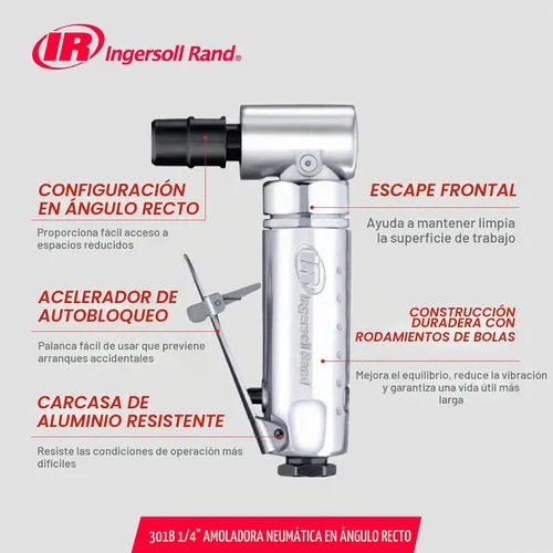 Vista 6 de Ingersoll Rand 301B Amoladora neumática con troquel - 1/4 pulgadas, ángulo recto, 21,000 RPM, construcción de rodamiento de bolas, bloqueo