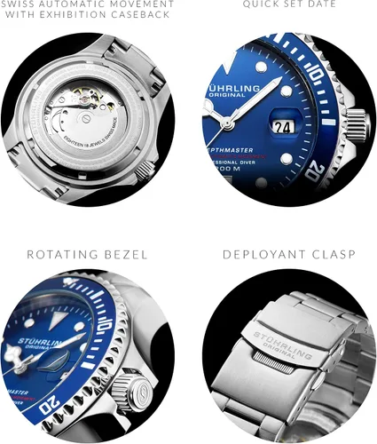 Vista 2 de Stuhrling Original DEPTHMASTER Reloj de buceo profesional automático de acero inoxidable para hombre, 656.2 ft resistente al agua, pulsera cepillada