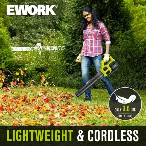 Vista 5 de EWORK Soplador de hojas inalámbrico de 21 V, potente modo turbo y 550 CFM, baterías de 2×3.0Ah y cargador rápido, sopladores eléctricos ligeros