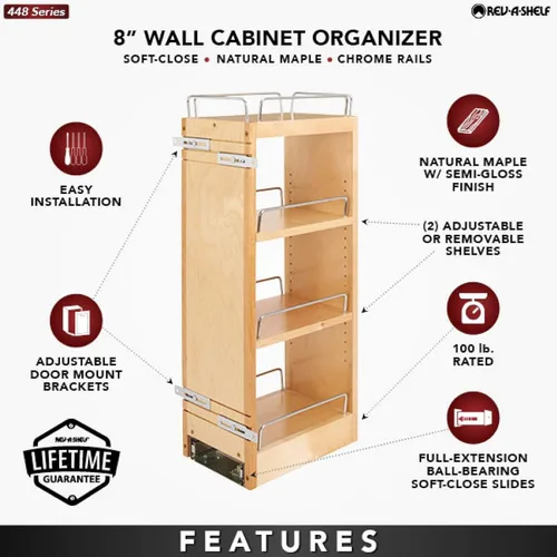 Vista 4 de Rev-A-Shelf Organizador de estante extraíble de 8 pulgadas para gabinetes de cocina y baño, estante deslizante de madera para especias o medicinas