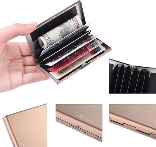Vista 77 de BONSYL® Soporte para tarjetas de crédito, cartera delgada de metal con bloqueo RFID, con 6 ranuras para tarjetas, para mujeres y hombres.