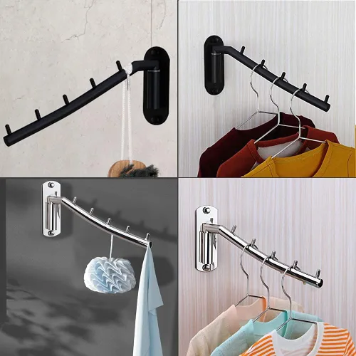 Vista 5 de 2 perchas plegables para colgar en la pared, con brazo oscilante, gancho de acero inoxidable resistente para baño, dormitorio, cuarto de servicio