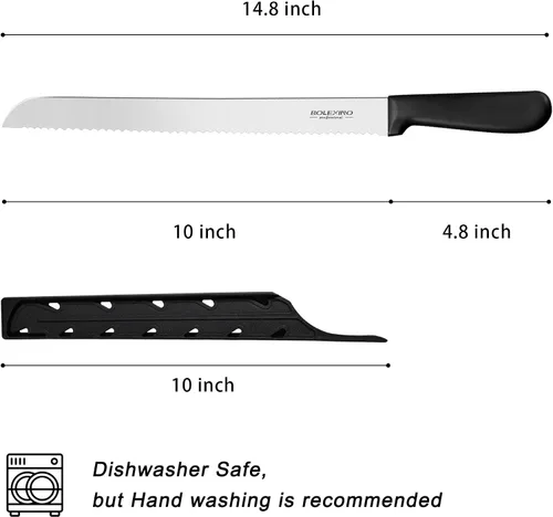 Vista 7 de Cuchillo dentado de 10 pulgadas para pan casero, cuchillo de acero inoxidable con borde ondulado ancho, cuchillo de cocina multiusos, cortador