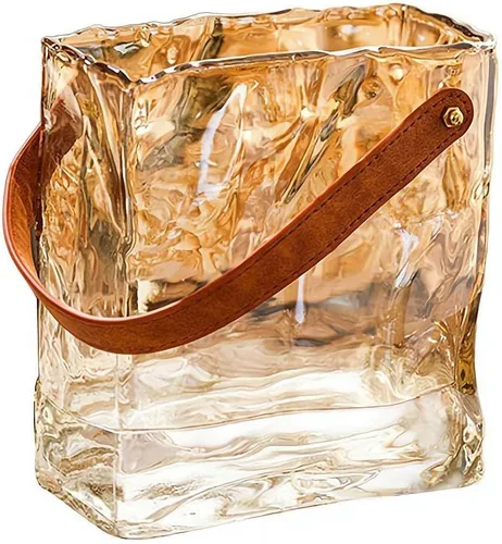 Vista 7 de Jarrón de cristal para flores, jarrones transparentes para centros de mesa, florero de bolsa con mango de cuero para decoración de bodas