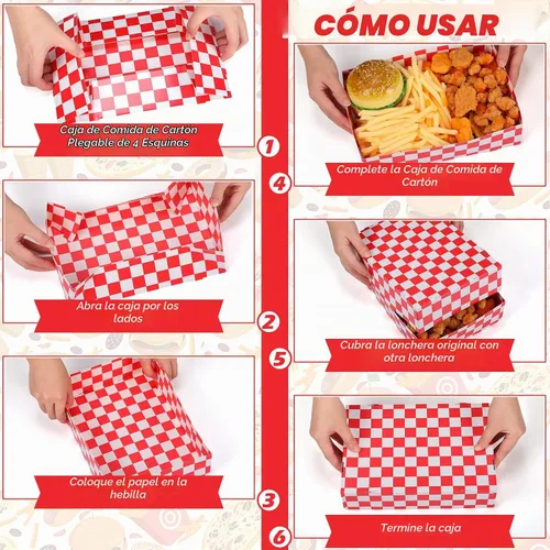 Vista 4 de Norme Red - Bandeja de comida desechable a cuadros para servir bote, 100
