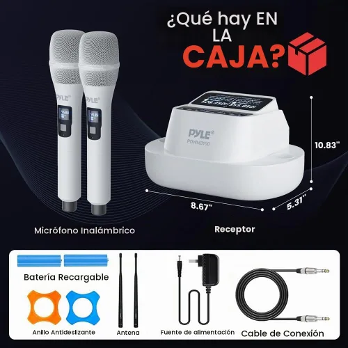 Vista 7 de Pyle Sistema de micrófono inalámbrico UHF con micrófonos de mano duales, recargable por USB, receptor de frecuencia fija Bluetooth, audio DSP