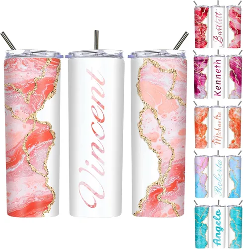 Vista 12 de Vasos delgados personalizados con tapas y pajitas de 20 onzas, diseño de mármol personalizado, vasos de acero inoxidable delgados con nombre