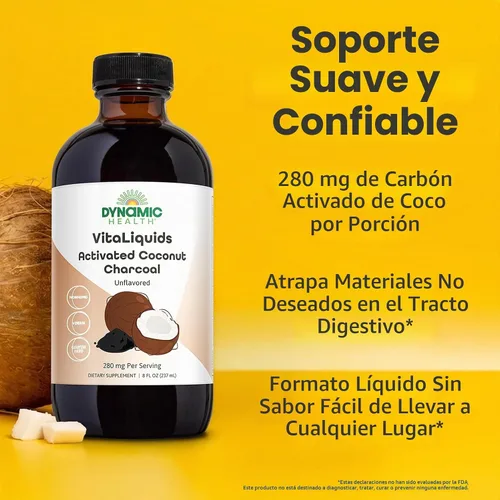 Vista 3 de DYNAMIC HEALTH VitaLiquids Carbón de coco activado – Carpeta de carbón activado de cáscara de coco – une materiales no deseados en el tracto