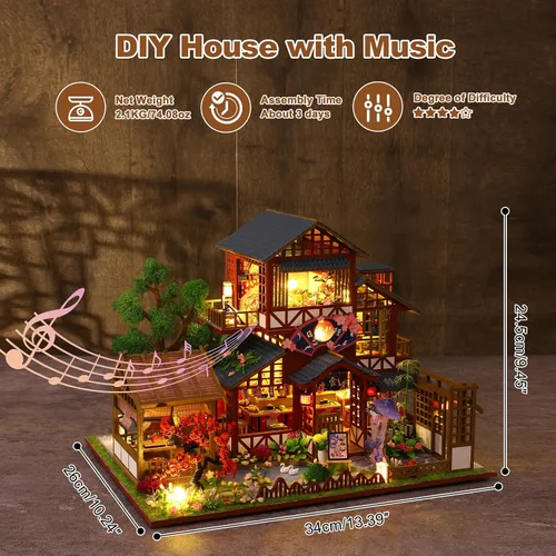 Vista 2 de Kit de casa en miniatura, pequeño restaurante japonés Sakura de madera 3D, kit de construcción de mini casa de muñecas con cubierta a prueba