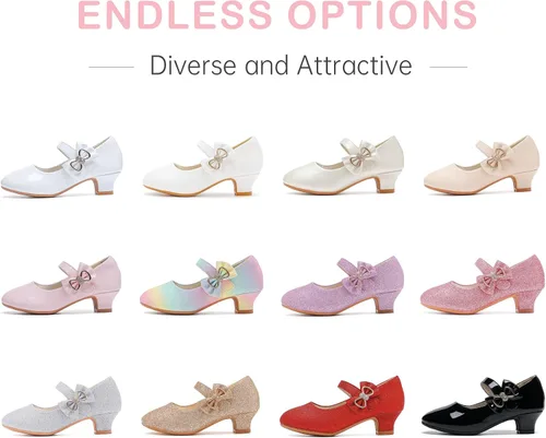Vista 7 de Dufannie Zapatos de vestir para niñas, zapatos de tacón bajo de princesa, zapatos planos con purpurina para bodas y fiestas