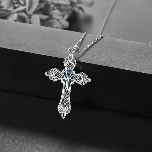 Vista 3 de URONE Delicado collar de cruz para mujer, plata de ley 925, colgante de árbol de la vida, collar con cruz de regalo para mujeres y niñas, Plata