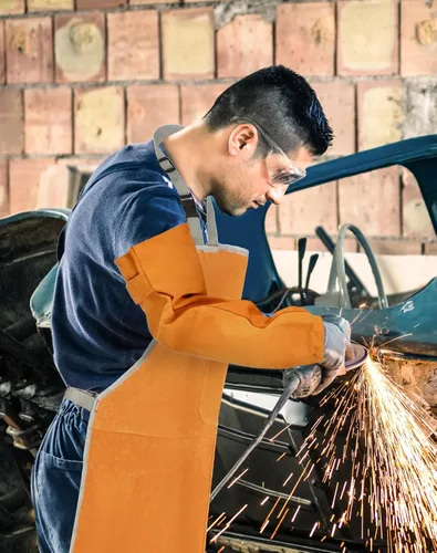 Vista 5 de QWORK Delantal y mangas de soldadura, juego de protectores de trabajo de soldadura, taller de trabajo de cuero resistente al calor y al fuego, ropa