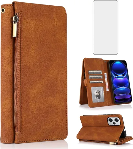 Vista 10 de Compatible con Xiaomi Redmi Note 12 Pro Plus/Pro+ 5G Wallet Case Protector de pantalla y cremallera Funda de cuero retro Flip Cover Titular