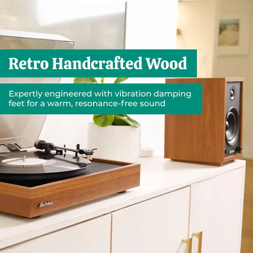 Vista 5 de Electrohome Montrose Record Player Stereo System, 4" Bluetooth Powered Bookshelf Speakers, Belt-Drive Bluetooth Turntable with Audio-Technica Teak