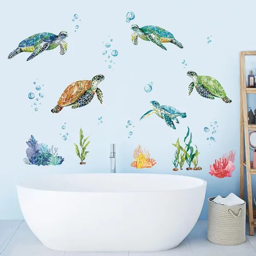 Vista 3 de decalmile Calcomanías de pared de tortugas marinas bajo el mar, calcomanías de pared de algas marinas, decoración de pared para dormitorio, baño