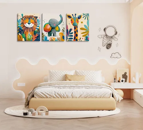 Vista 7 de 3 piezas de lienzo de animales de safari para guardería, arte de pared, lindo elefante acuarela, jirafa, león, decoración de pared, coloridos Póster