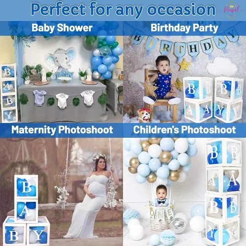 Vista 4 de 82 piezas de decoración de baby shower para niño, juego de caja de globos azul, blanco y gris con letras del alfabeto, decoración de fiesta