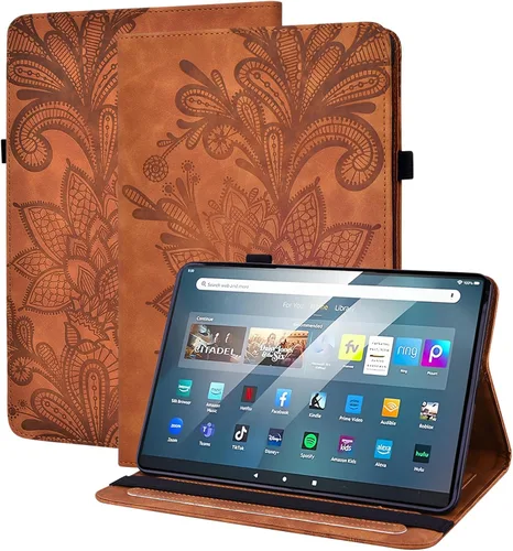Vista 20 de Amazon Kindle Fire HD 8 8ª/7ª/6ª generación 2016/2017/2018, diseño de flores de encaje en relieve de piel sintética, a prueba de golpes, con soporte
