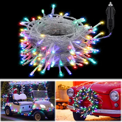Vista 14 de Aurelema Guirnalda de luces LED de Navidad de 12 V, 33 pies, 100 luces LED para coche, decoraciones para carrito de golf, cadena de luz amarilla