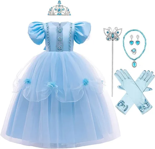 Vista 28 de Vestido de cumpleaños de princesa Cenicienta para niñas, disfraz de Halloween, concurso de Navidad, fiesta de baile con accesorios