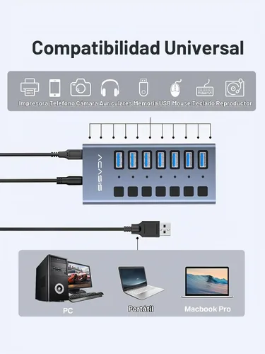 Vista 7 de ACASIS Hub USB 3.2 de 7 puertos con alimentación, transferencia de datos