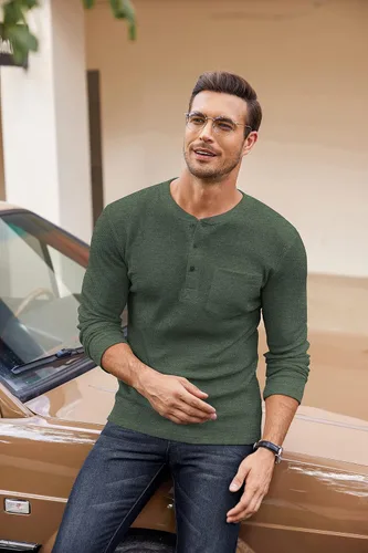 Vista 3 de COOFANDY Camisas Henley de manga larga para hombre con bolsillo