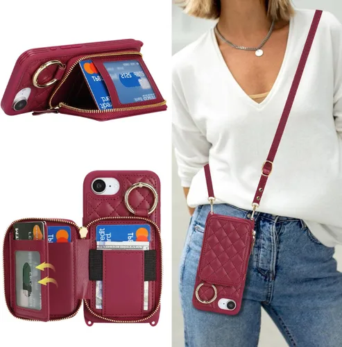Vista 7 de Funda tipo cartera para iPhone 17e/16e, diseño de leopardo negro Funda de piel sintética con cremallera para bolso, funda con función atril