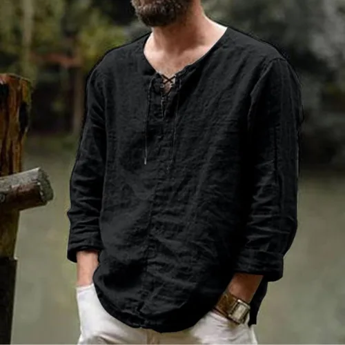 Vista 2 de Camisas de algodón y lino para hombre, manga larga, cuello en V, cordón ajustable, casual, a la moda, ajuste regular, blusas clásicas para exteriores