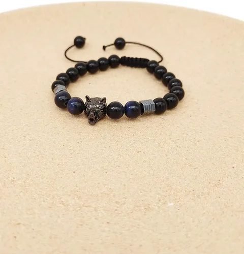 Vista 4 de CEYIYA Viking Wolf Head Bracelet - Anti Anxiety Energy Stone Beaded Bracelet for Men and Boys,Healing Crystal Stress Relief Charm Wolf Bracelet for