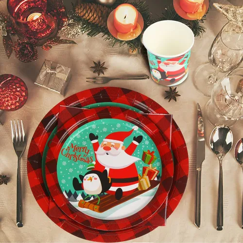 Vista 7 de DIYASY Platos y servilletas de papel de Navidad, paquete de 96 platos desechables, platos de cena de postre de Navidad resistentes a granel para 24