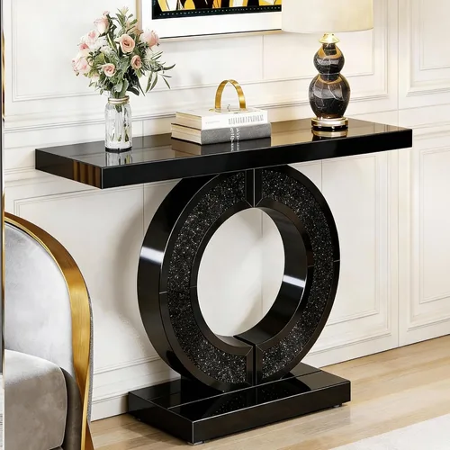 Vista 36 de Mesa Consola Negra con Espejo, Mesa de Sofá de Cristal Rectangular de 48 pulgadas con Elementos Tallados Vintage con Espejo, Muebles de Espejo