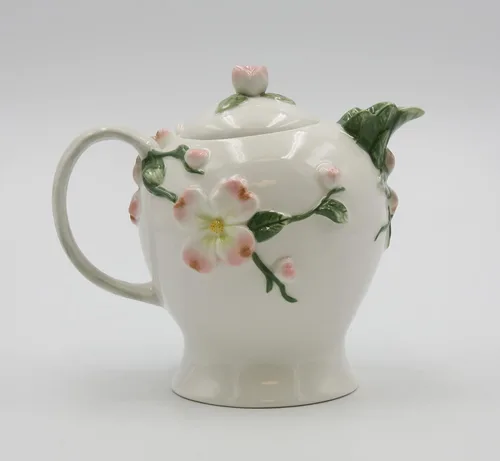 Vista 2 de Tetera de porcelana fina azul Jay Bird con diseño de flores de cornejo, 7 pulgadas de largo