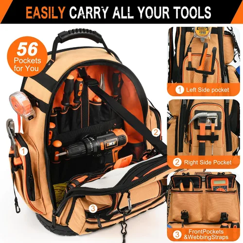 Vista 4 de Mochila para herramientas, mochila de herramientas resistente, bolsa de herramientas HVAC para electricista/trabajos de construcción con base Marrón