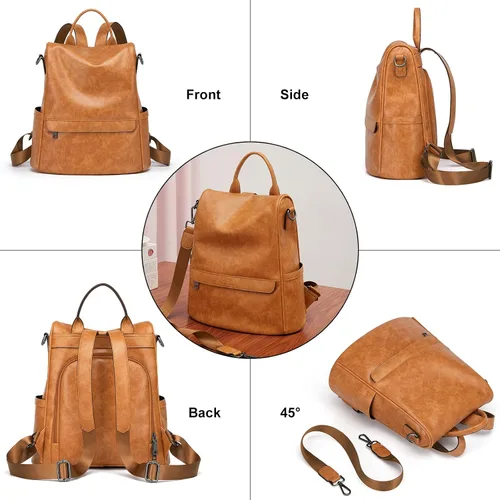 Vista 3 de Cnoles Moda mujer mochila monedero PU cuero grande diseñador casual viaje señoras universidad hombro bolsos, Marrón, Mochila de moda