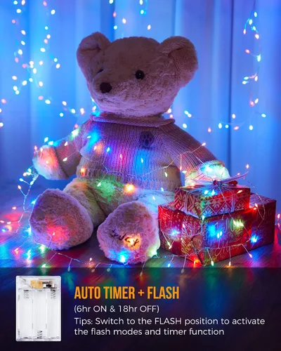 Vista 5 de Luces de Hadas a Batería, 10 Pies 120 LEDs Luces de Cadena Tipo Petardo Impermeables Cable Plateado Luces Estrelladas de Luciérnaga para Bricolaje