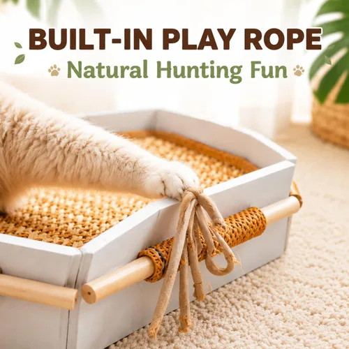 Vista 4 de General Cat Bed, Handwoven Cat Basket with Removable Swing Mat & Play Rope