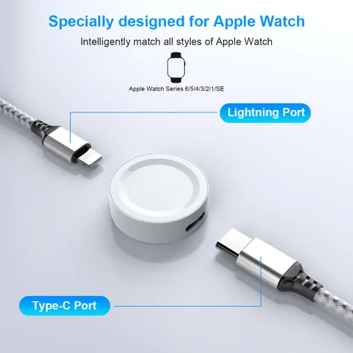 Vista 4 de Cable de carga universal para reloj inteligente 5 en 1 USB de 5.9 ft/6 pies, cargador de reloj magnético+Lightning2+tipo C+Micro USB nailon trenzado